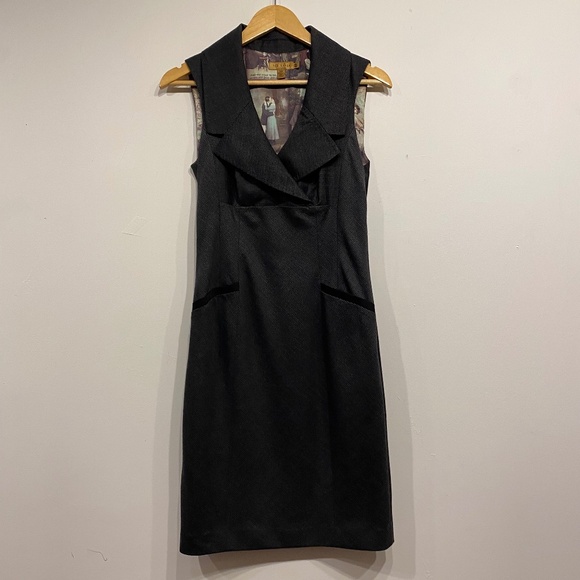 Ted Baker Vintage Grey Houndstooth Collared V-Neck Pencil Knee Length Dress 2 - Picture 1 of 6